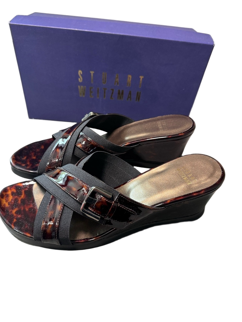 Stuart Weitzman Dark Tortoiseshell Brown Wedge Slide Sandals Size 9.5 with Box - Picture 3 of 5